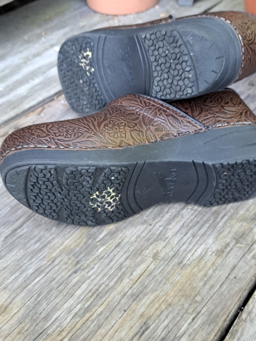 Brown Floral Tooled Leather Dansko Clogs - Picture 3 of 6